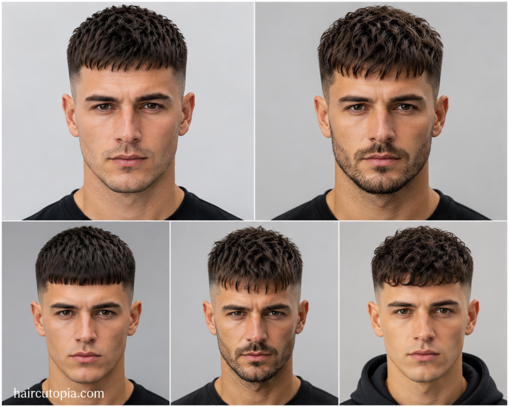 Five front-facing French Crop haircuts showing classic, textured, skin fade, choppy, and curly crop variations