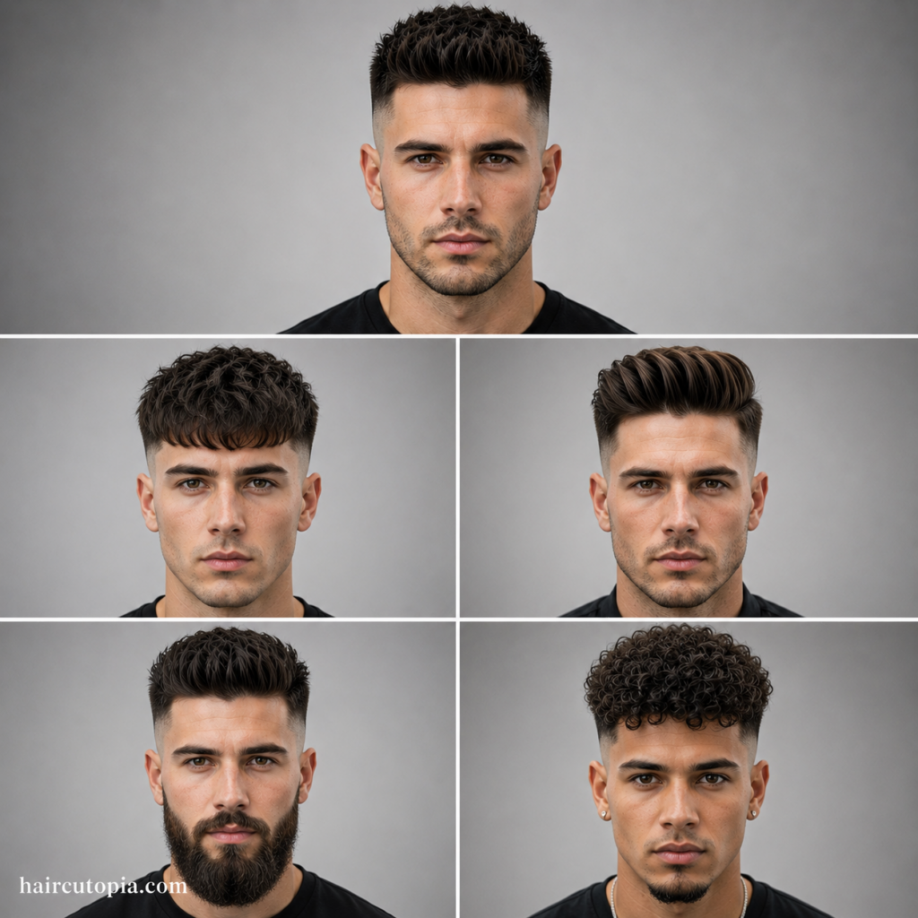 Five-panel front-facing collage featuring a classic high fade, textured crop high fade, pompadour high fade, high fade with beard, and curly high fade hairstyle.