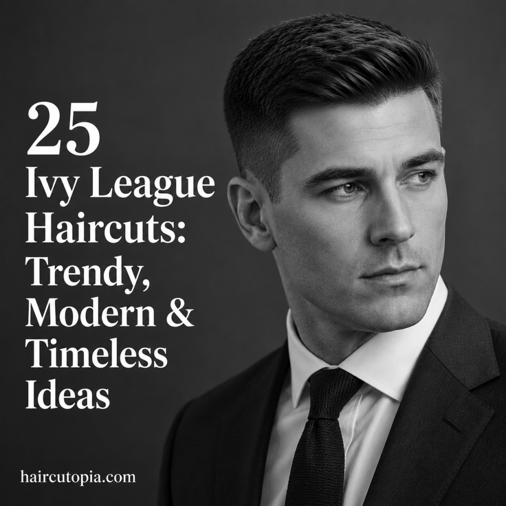 Man with a modern Ivy League haircut featuring a clean taper, textured top, and professional styling in a black and white editorial portrait.