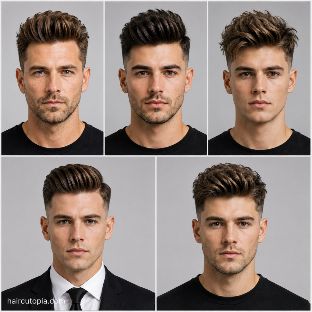 Five front-facing portraits showcasing five popular quiff hairstyles including the classic quiff, textured quiff, modern quiff, professional quiff, and messy quiff in a studio collage.