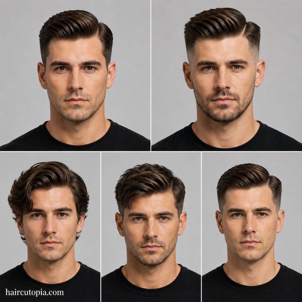 Five front-facing men showing different side part haircuts, including classic taper, low fade, textured, long, and Ivy League styles