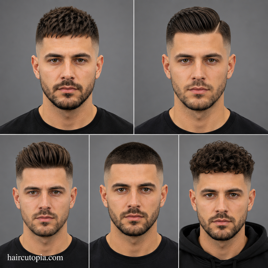 Five-panel collage featuring front-facing views of five different skin fade haircuts, including a textured crop, side part, pompadour, buzz cut, and curly top fade.