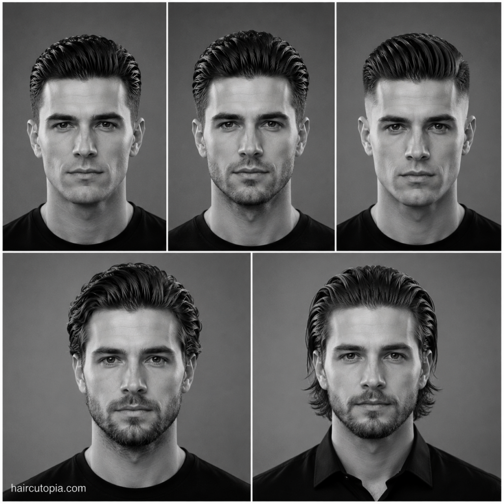 Five front-facing men's portraits showcasing different slick back haircuts, including classic, textured, taper, fade, and long slick back styles in a black-and-white editorial collage.