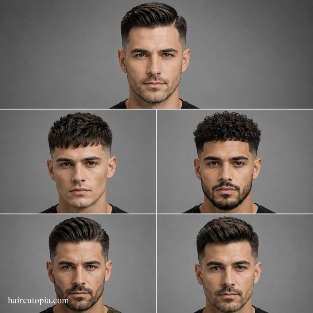 Five popular taper fade haircuts shown from the front view, including a classic side part, textured crop, curly taper fade, slick back, and modern gentleman hairstyle.