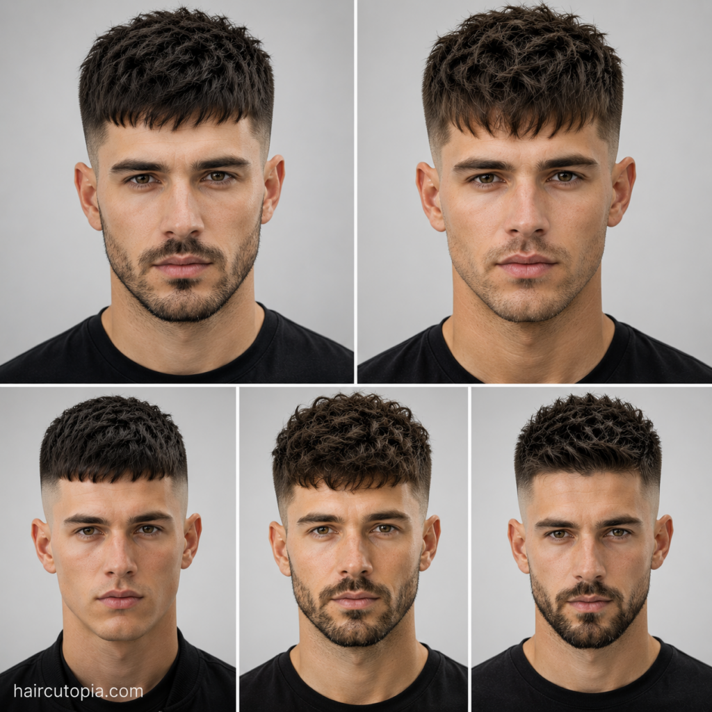 Five front-facing textured crop haircuts showcasing classic, French, messy, curly, and skin fade crop styles in a 1080x1080 collage.