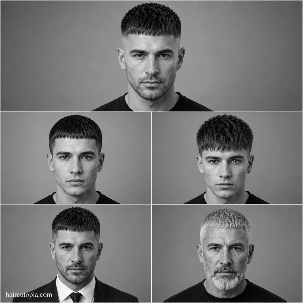 Five front-facing Caesar cut hairstyles including a modern Caesar fade, classic Caesar cut, textured Caesar cut, business professional Caesar, and silver Caesar cut