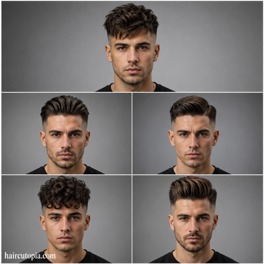Front-facing collage featuring five popular undercut hairstyles including textured, slick back, side part, curly, and pompadour undercuts.