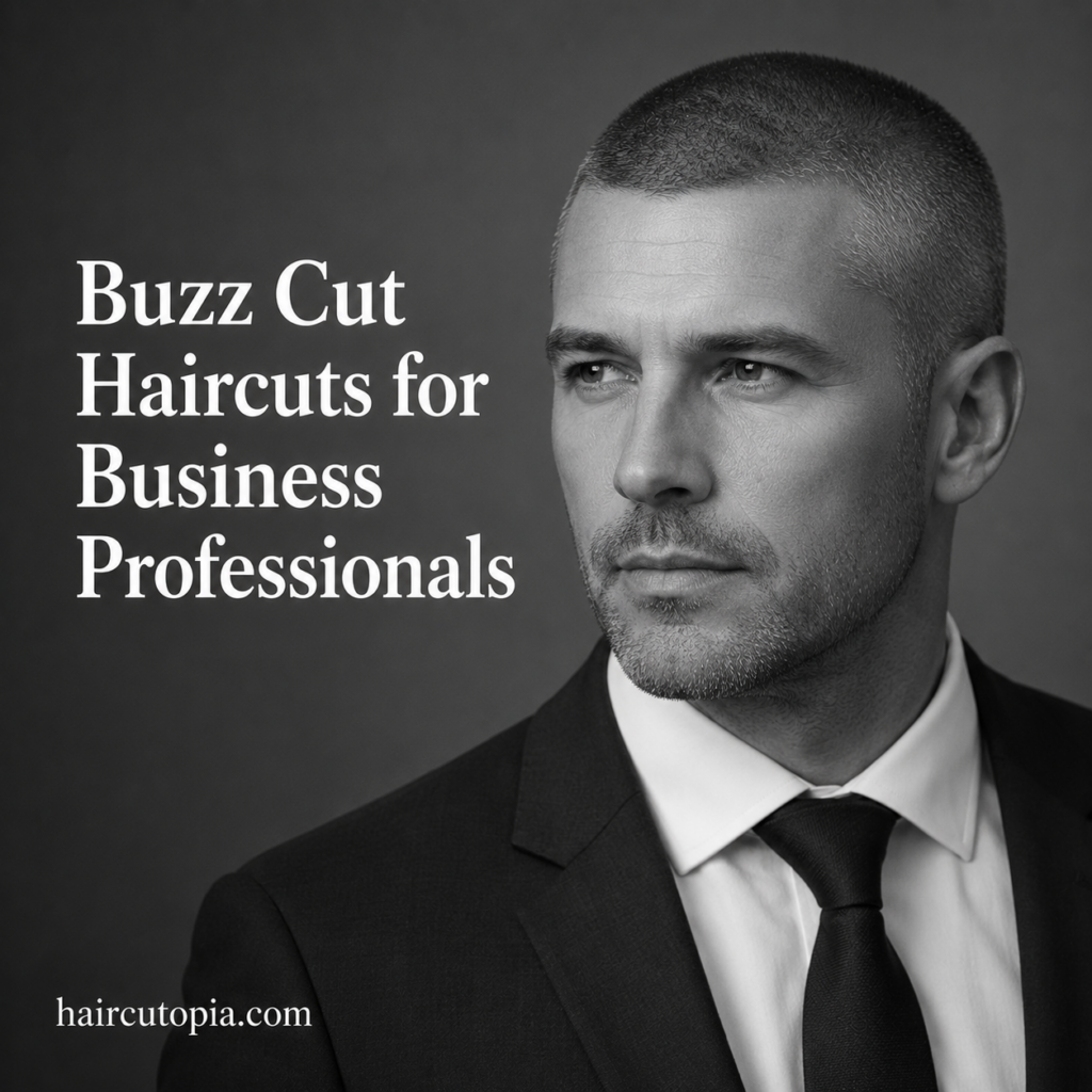 Business professional with a modern buzz cut haircut wearing a suit and tie, showcasing a clean and executive appearance.