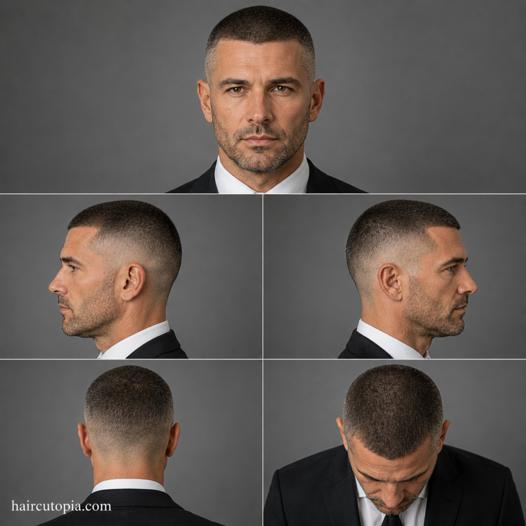 Five-panel collage showing a professional buzz cut haircut from the front, left side, right side, back, and top views on a business professional wearing a suit.