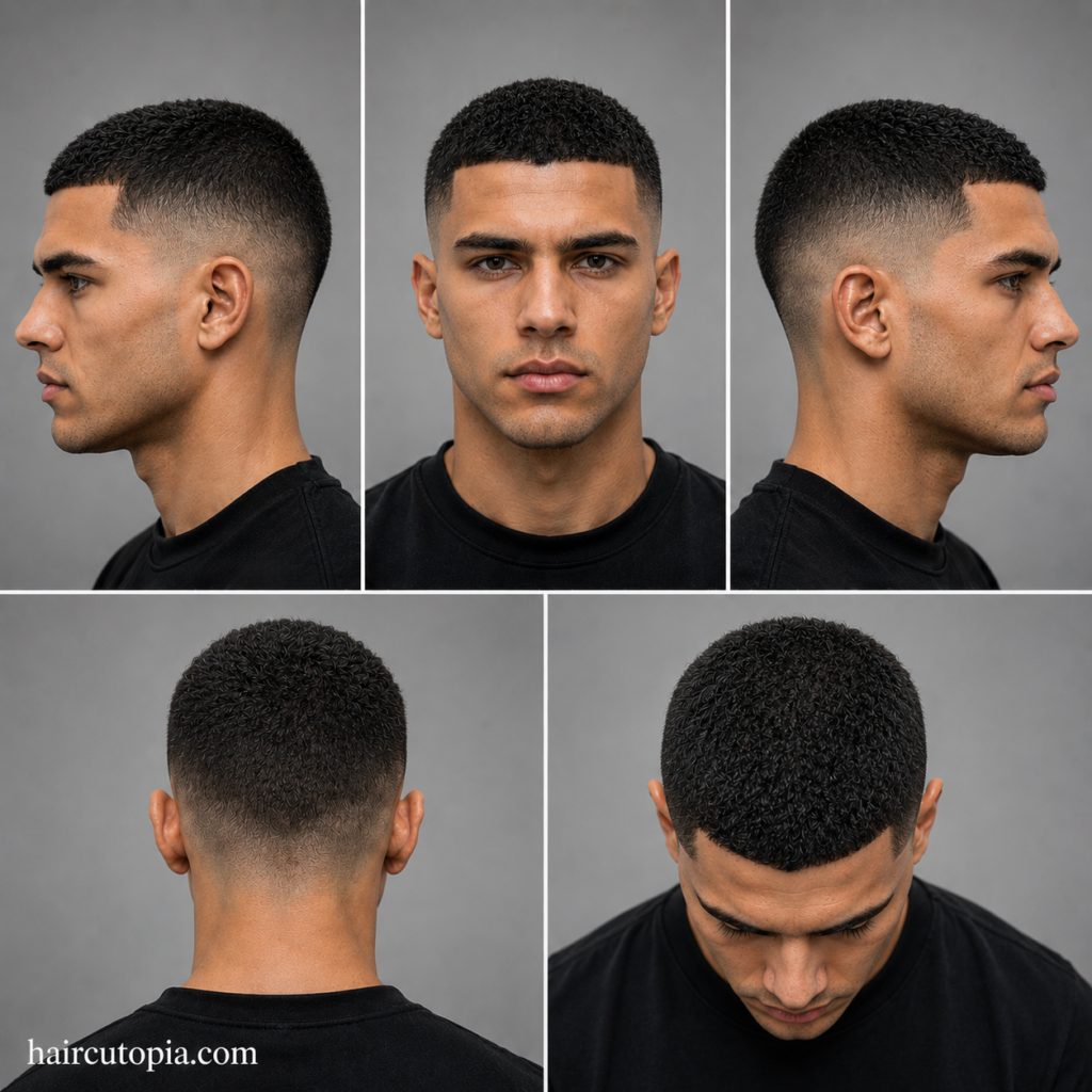 Five-view collage of a buzz cut haircut for coarse hair showing front, left side, right side, back, and top views