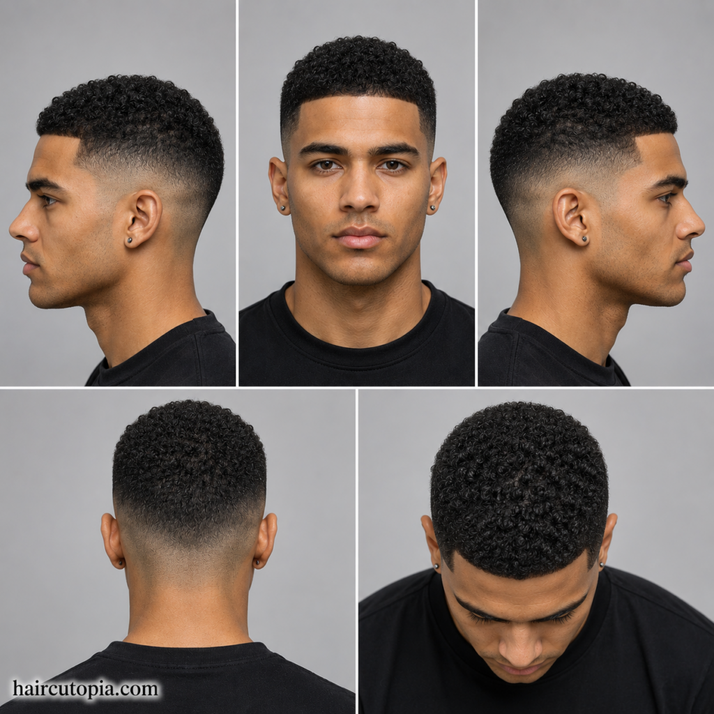 Five-view collage of a buzz cut haircut for curly hair showing front, left side, right side, back, and top views