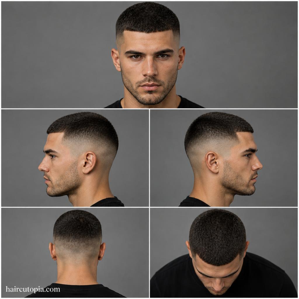 Five-panel collage showing a buzz cut haircut for diamond faces from the front, left side, right side, back, and bird's-eye views