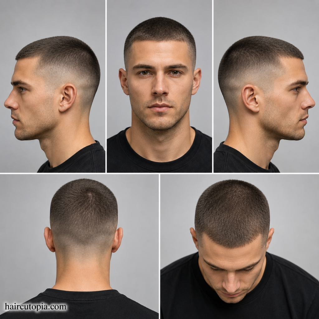 Five-view collage of a buzz cut haircut for fine hair showing front, left side, right side, back, and top views