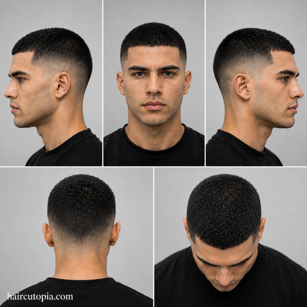 Five-view collage of a buzz cut haircut for frizzy hair showing front, left side, right side, back, and top views