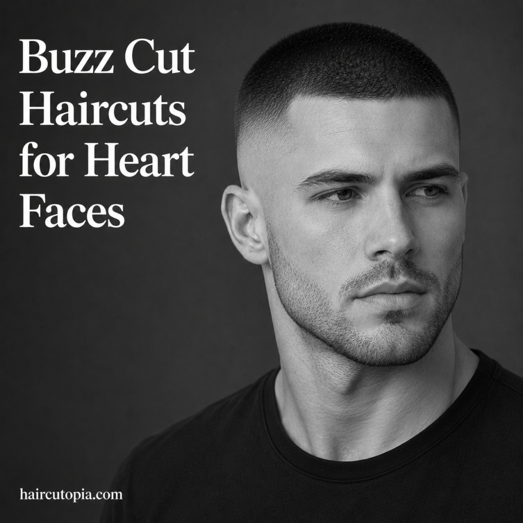 Man with a modern buzz cut haircut for heart-shaped faces featuring a clean fade, textured top, and balanced facial proportions