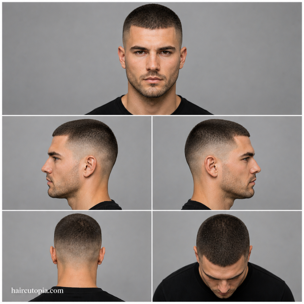Five-panel collage showing a buzz cut haircut for heart-shaped faces from the front, left side, right side, back, and bird's-eye views