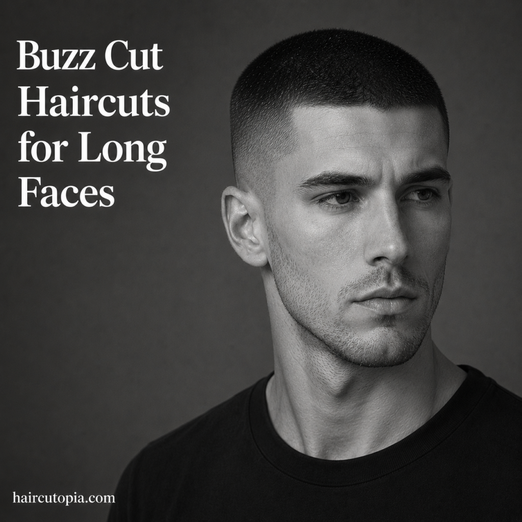 Man with a modern buzz cut haircut for long face shapes featuring a clean fade, balanced proportions, and a masculine appearance