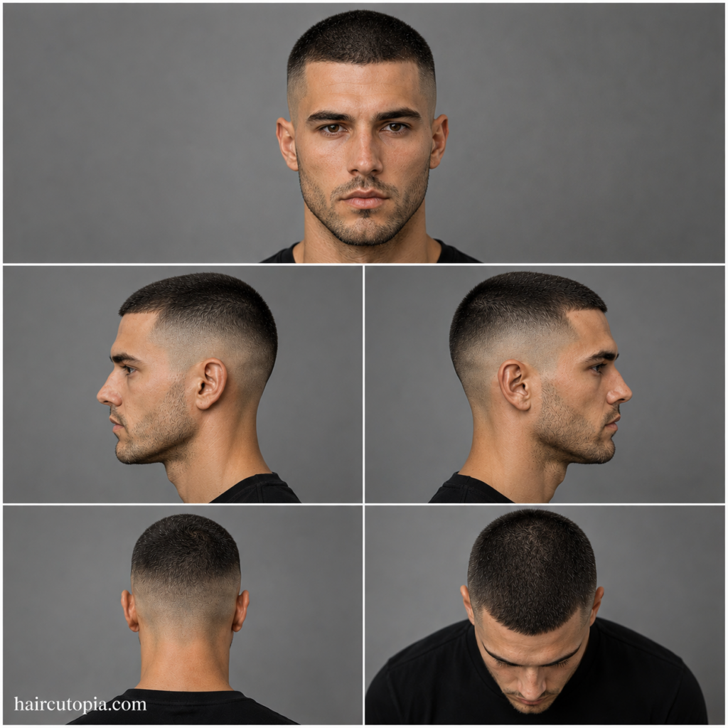 Five-panel collage showing a buzz cut haircut for long faces from the front, left side, right side, back, and bird's-eye views