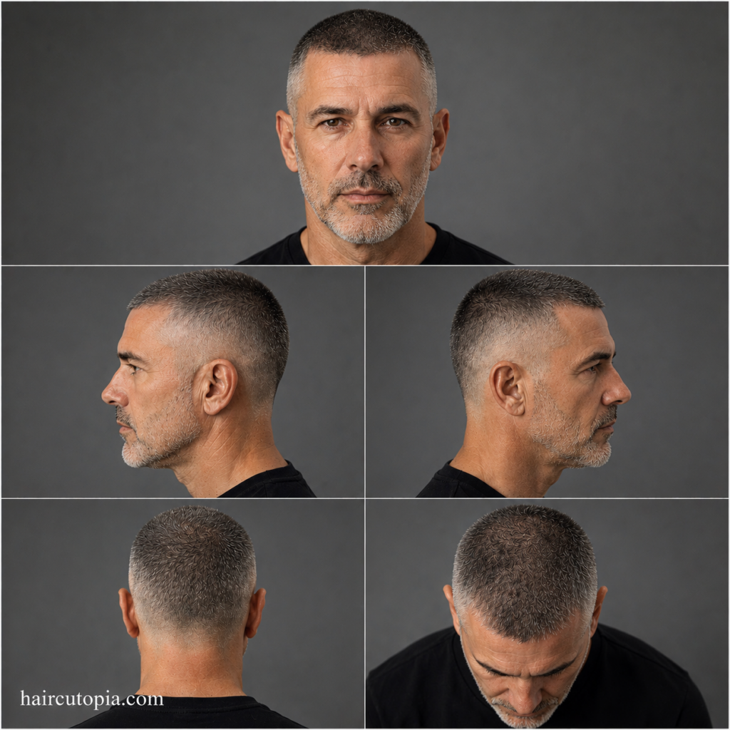 Five-panel collage showing a buzz cut haircut for a man over 40 from the front, left side, right side, back, and top views.