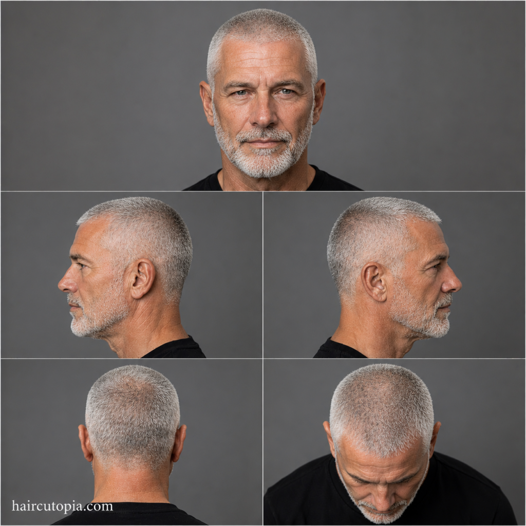Five-panel collage showing a buzz cut haircut for a man over 50 from the front, left side, right side, back, and bird's-eye views.