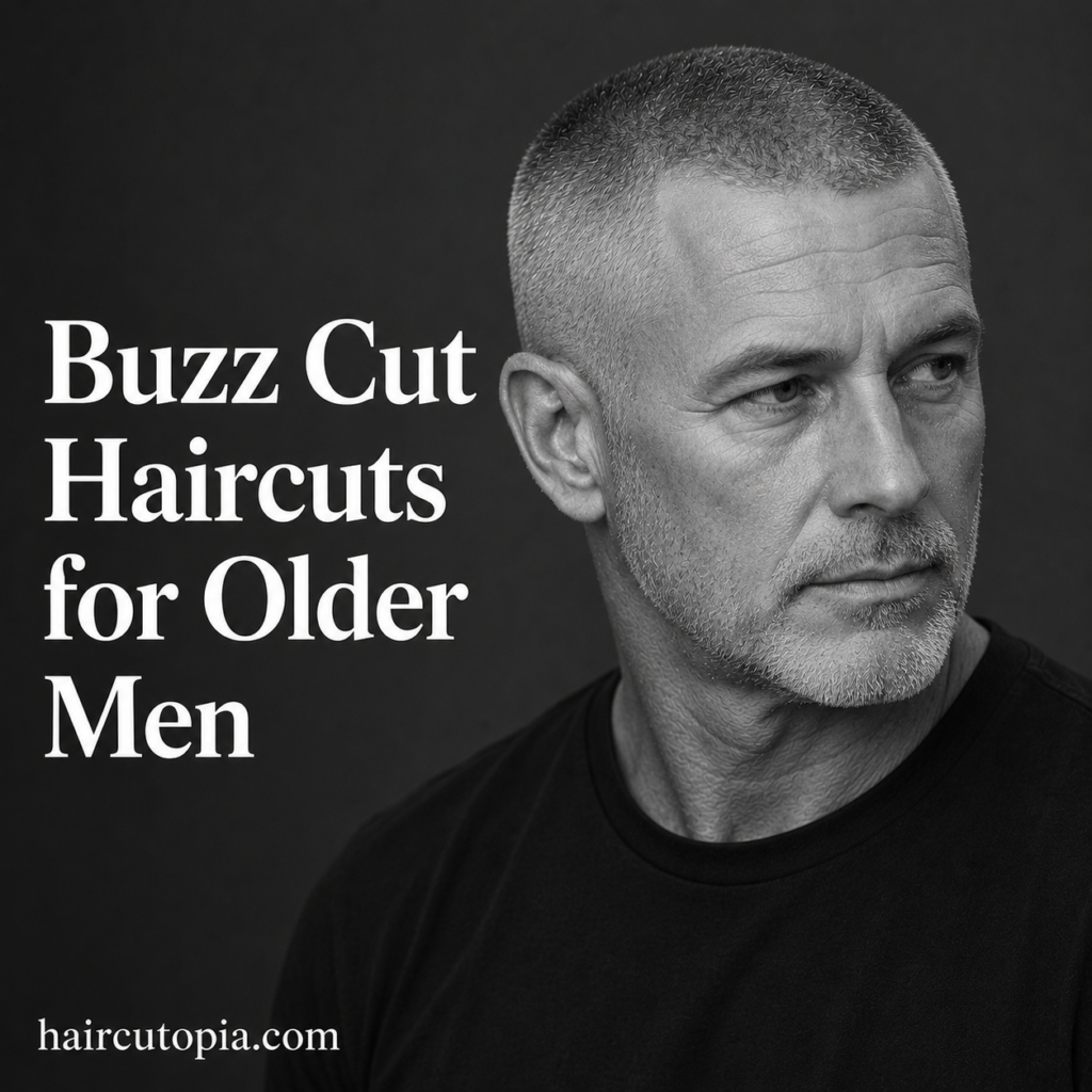 Older man with a modern buzz cut haircut featuring gray hair and a clean, masculine appearance.