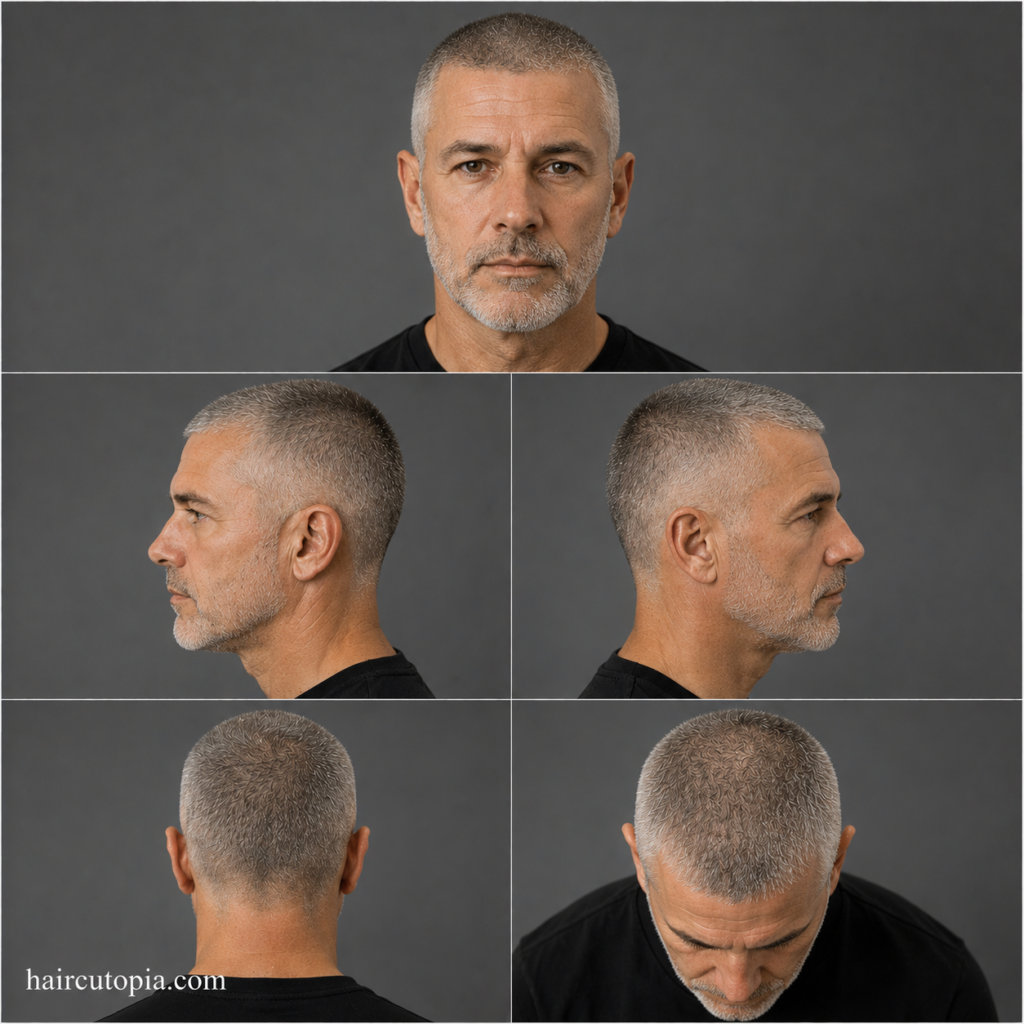 Five-panel collage showing a mature man with a buzz cut haircut from the front, left side, right side, back, and top views.