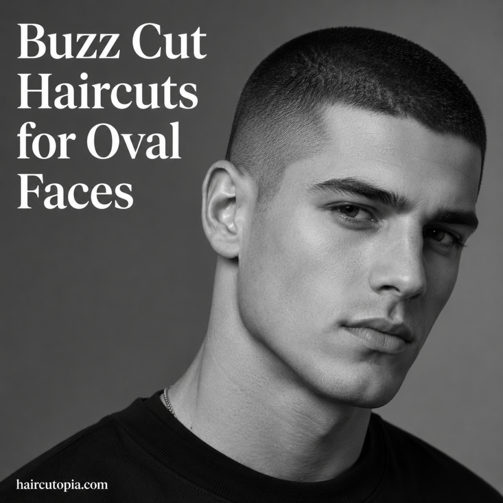Man with a modern buzz cut haircut for oval faces featuring a clean fade and sharp masculine style