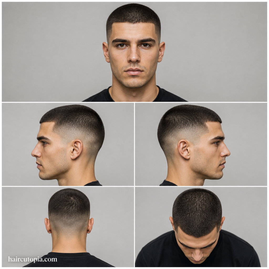 Five-panel collage showing a buzz cut haircut for oval faces from the front, left side, right side, back, and top views