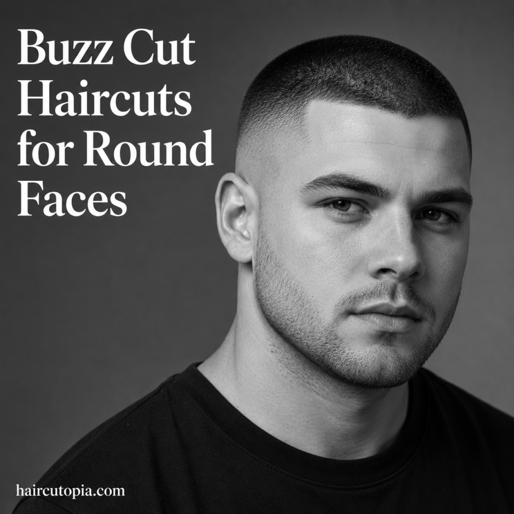 Man with a modern buzz cut and fade haircut designed to complement round face shapes with added definition and structure