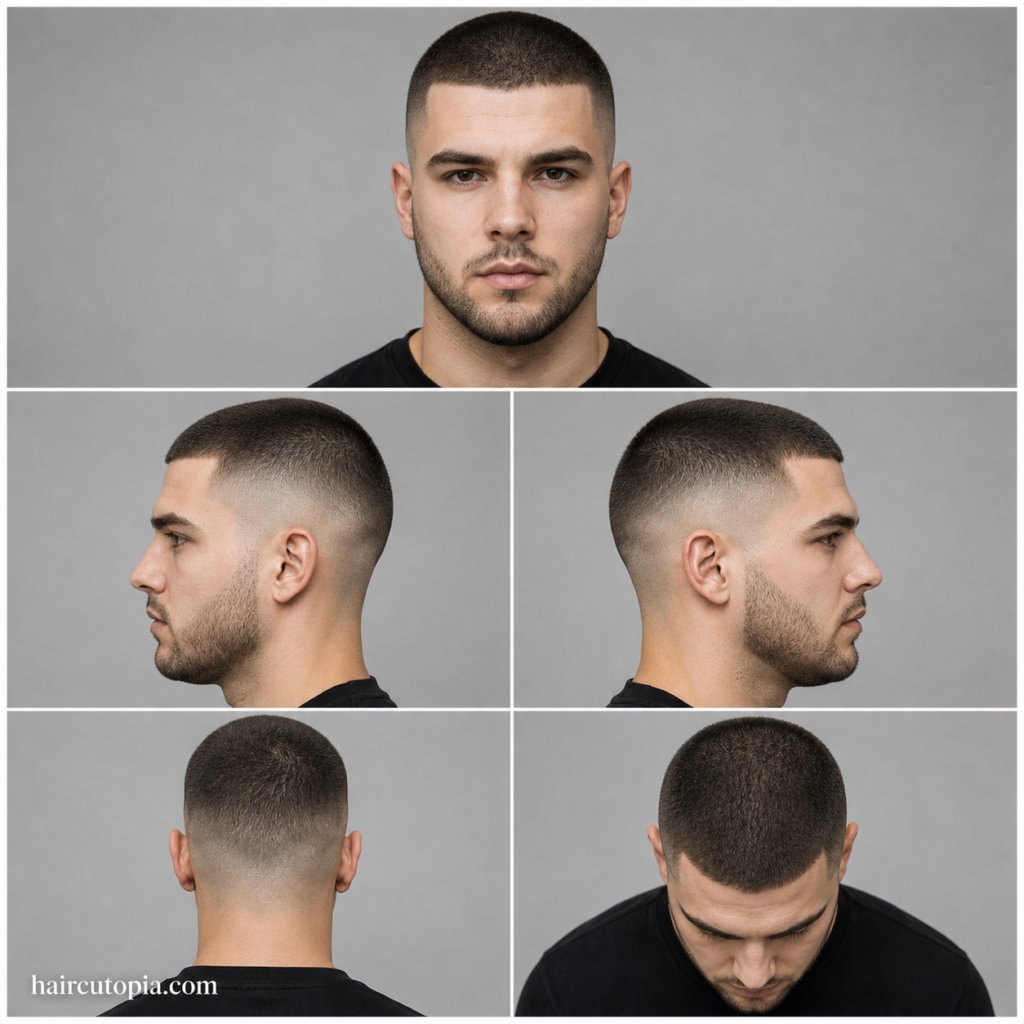 Five-panel collage showing a buzz cut haircut for round faces from the front, left side, right side, back, and top views
