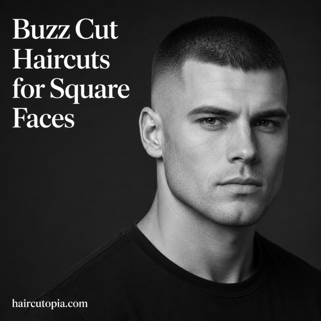 Man with a modern buzz cut haircut for square faces featuring a sharp fade, strong jawline, and masculine facial structure