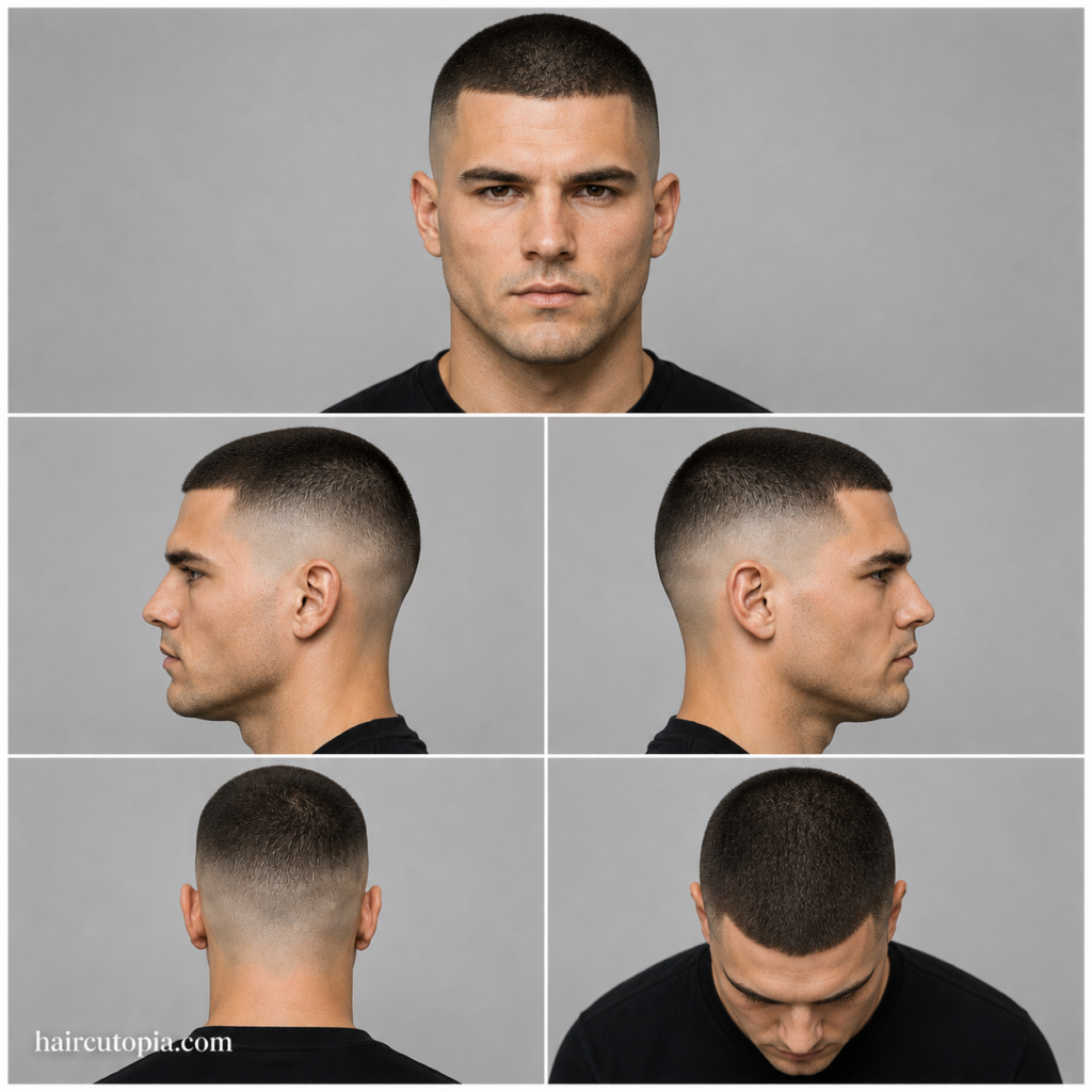 Five-panel collage showing a buzz cut haircut for square faces from the front, left side, right side, back, and bird's-eye views