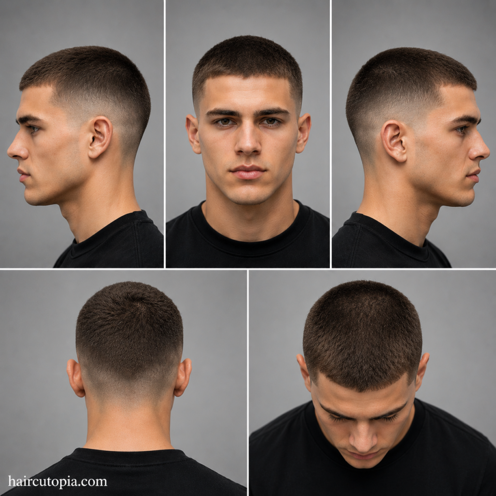 Five-view collage of a buzz cut haircut for straight hair showing front, left side, right side, back, and top views