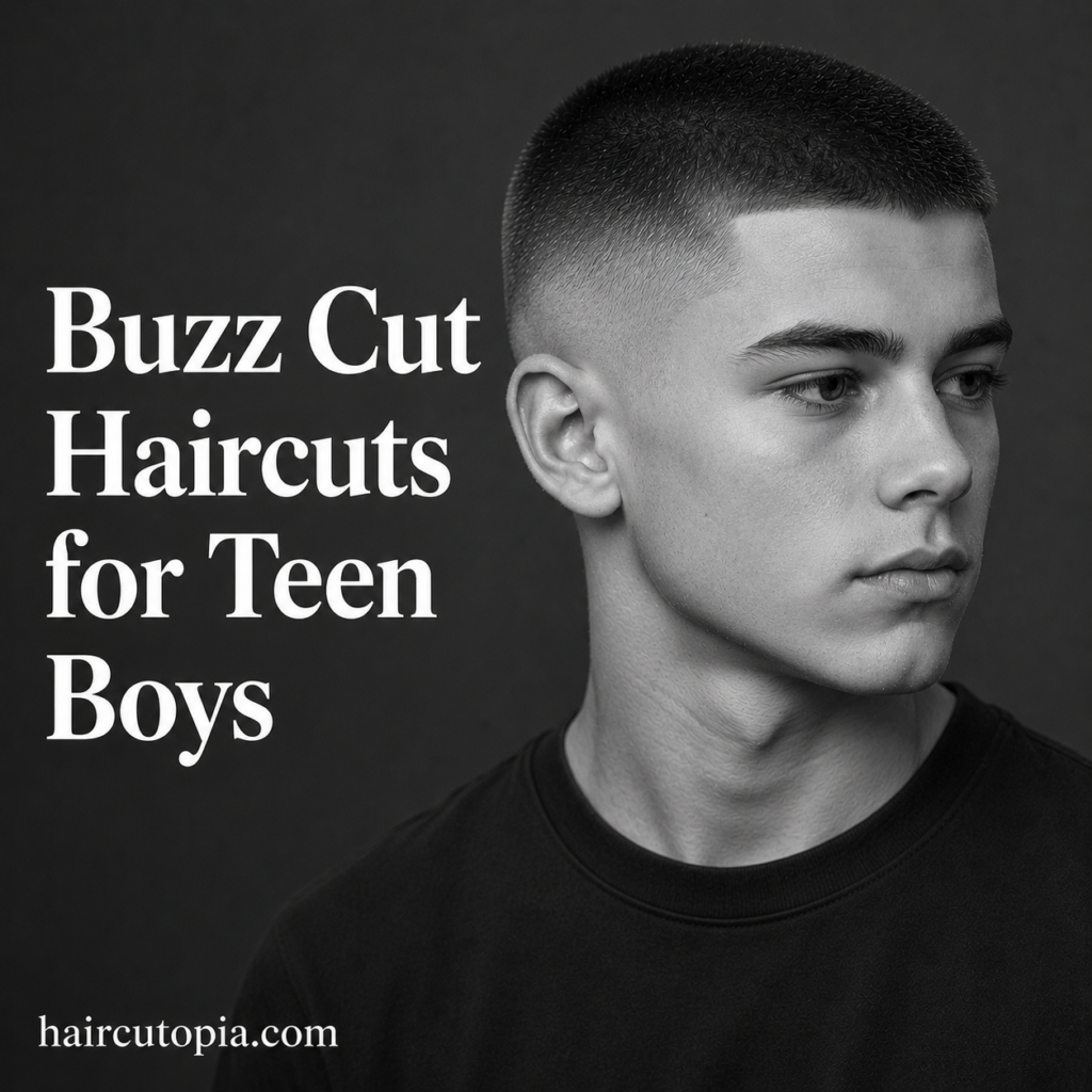 Teen boy with a modern buzz cut haircut featuring a clean fade and youthful style.