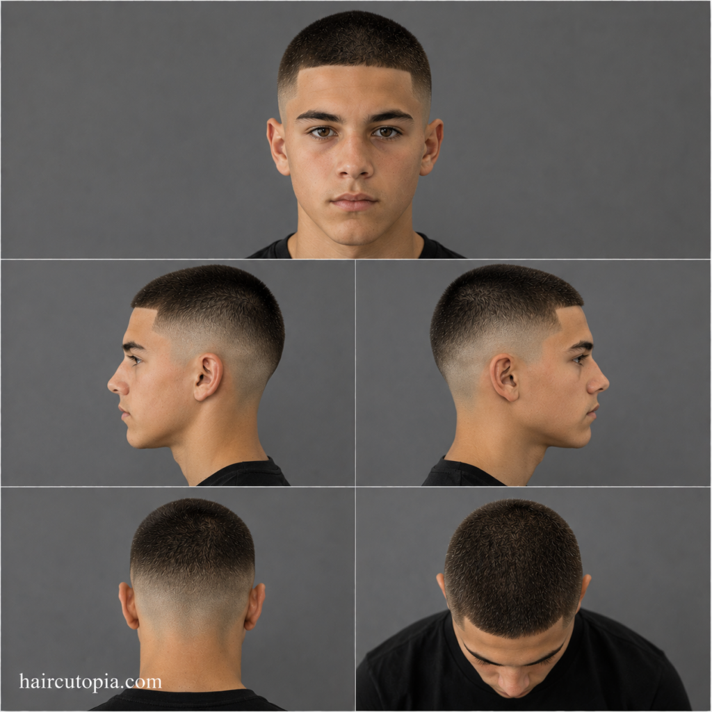 Five-panel collage showing a teen boy buzz cut haircut from the front, left side, right side, back, and top views.