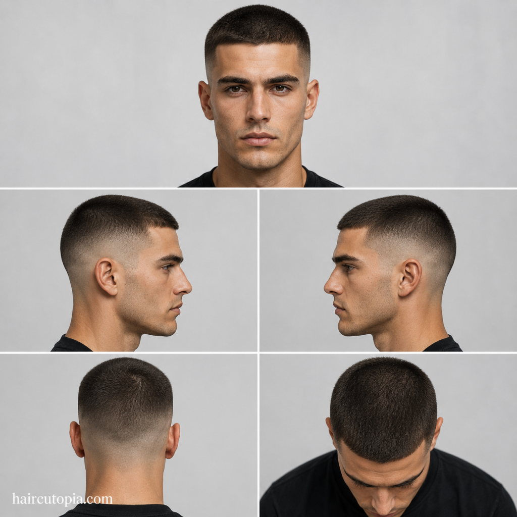 Five-view collage of a buzz cut haircut for thick hair showing front, left side, right side, back, and top views