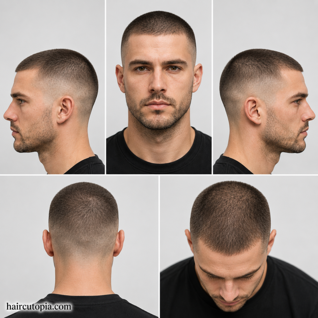 Five-view collage of a buzz cut haircut for thin hair showing front, left side, right side, back, and top views
