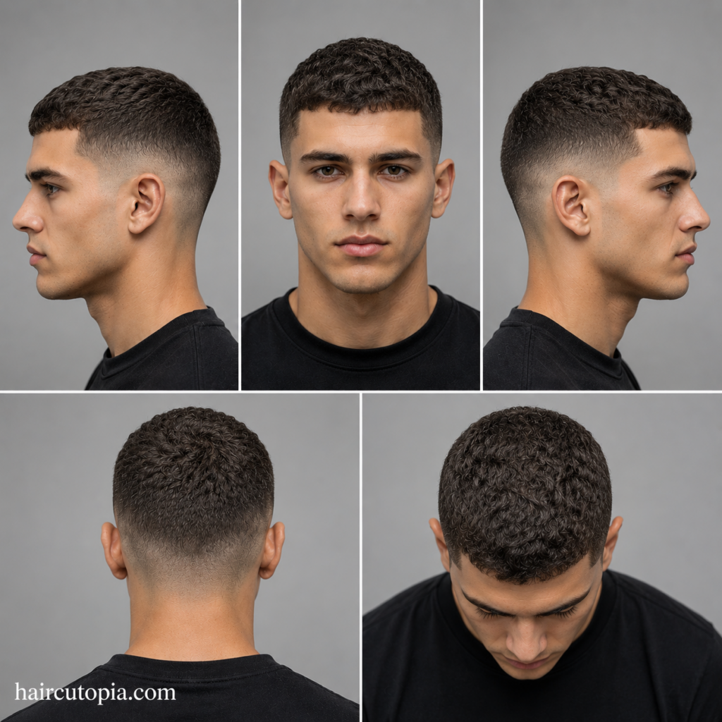 Five-view collage of a buzz cut haircut for wavy hair showing front, left side, right side, back, and top views