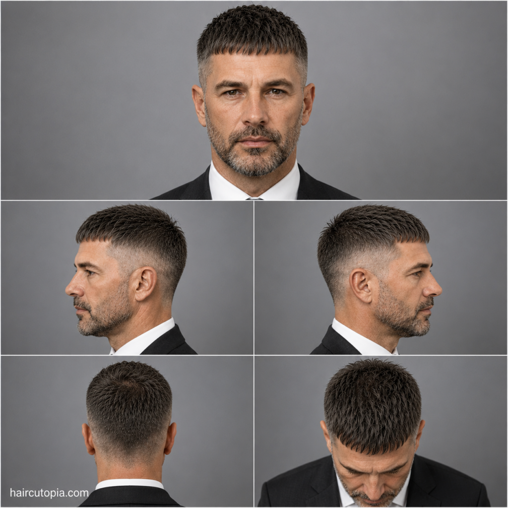Five-view collage of a professional Caesar cut haircut showing front, left side, right side, back, and top views with a textured fringe and clean taper fade