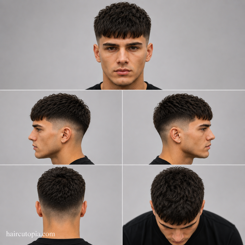Five-panel collage showing a Caesar cut haircut for coarse hair from the front, left side, right side, back, and bird's-eye top view.