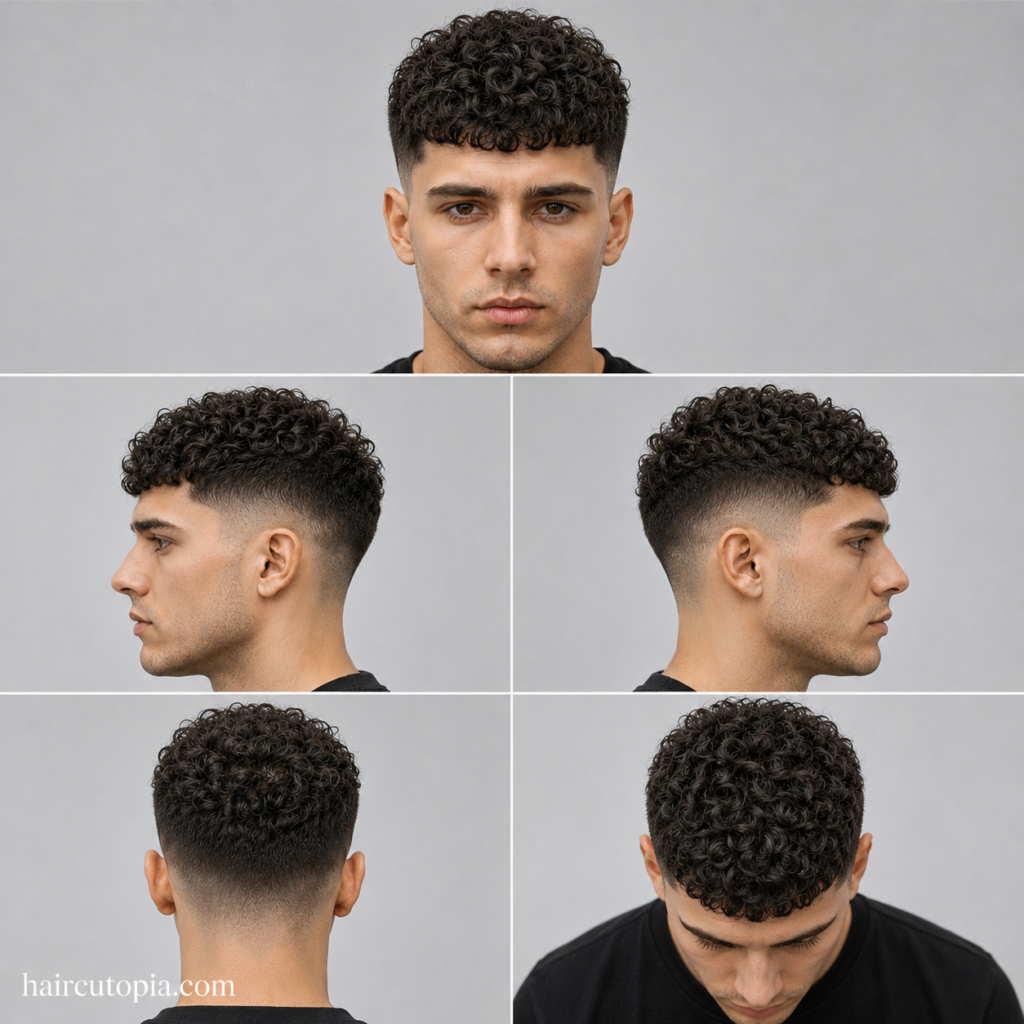 Five-panel collage showing a Caesar cut haircut for curly hair from the front, left side, right side, back, and bird's-eye top view.