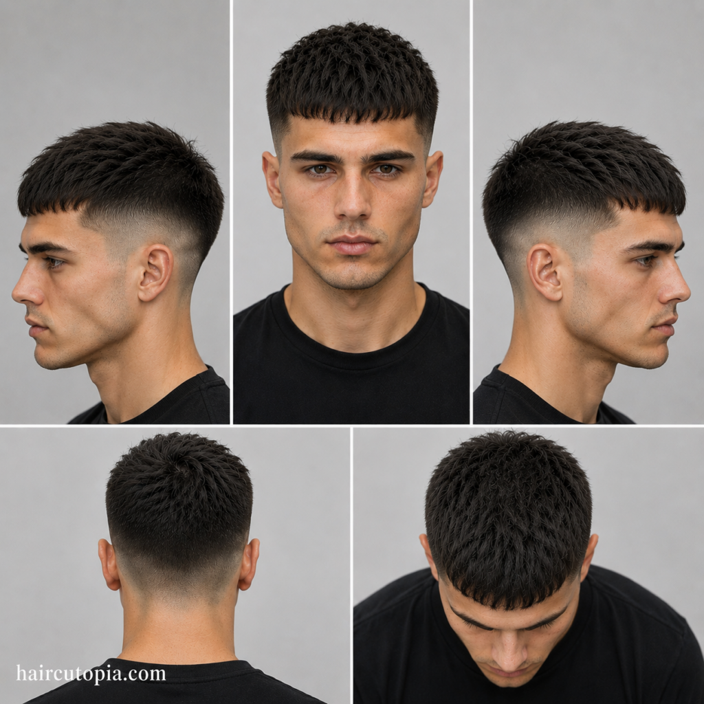Five-panel collage showing a Caesar cut haircut for diamond faces from front, side, back, and top views