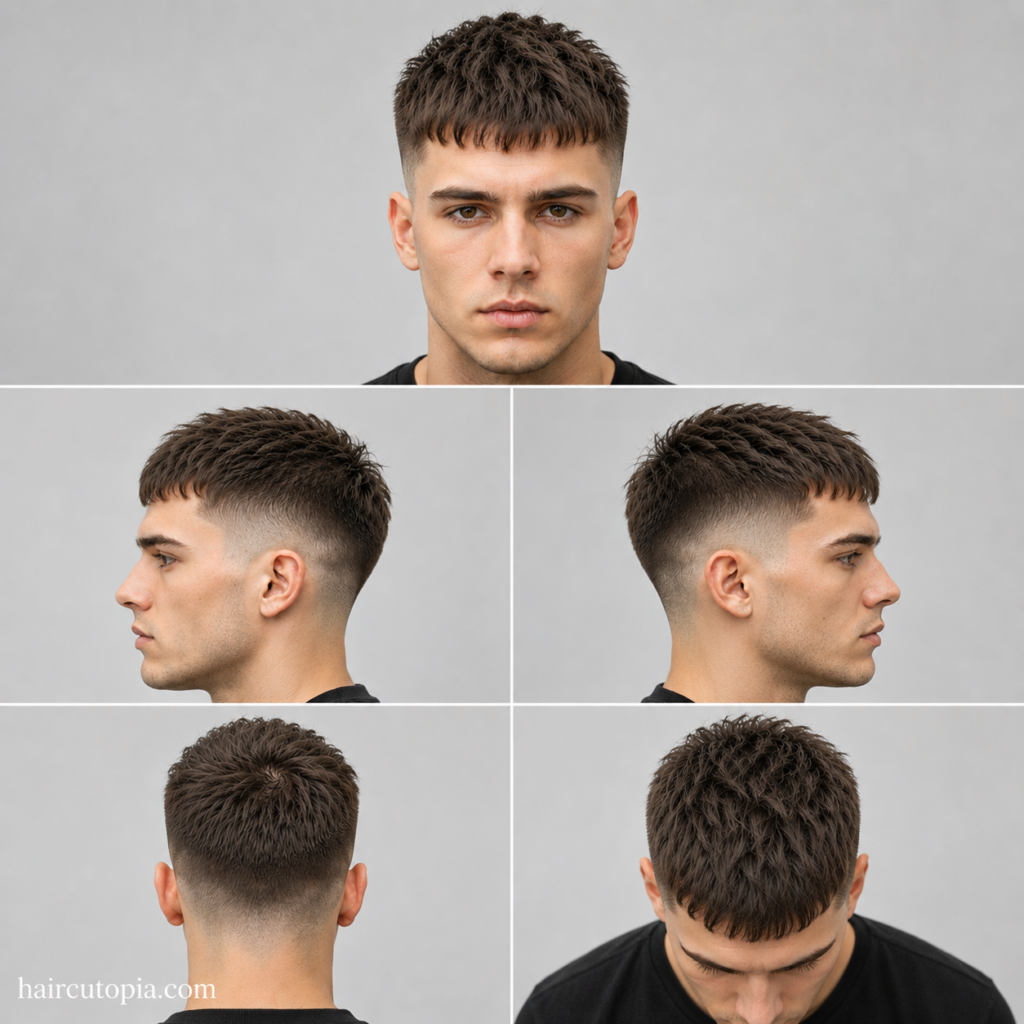 Five-panel collage showing a Caesar cut haircut for fine hair from the front, left side, right side, back, and bird's-eye top view.