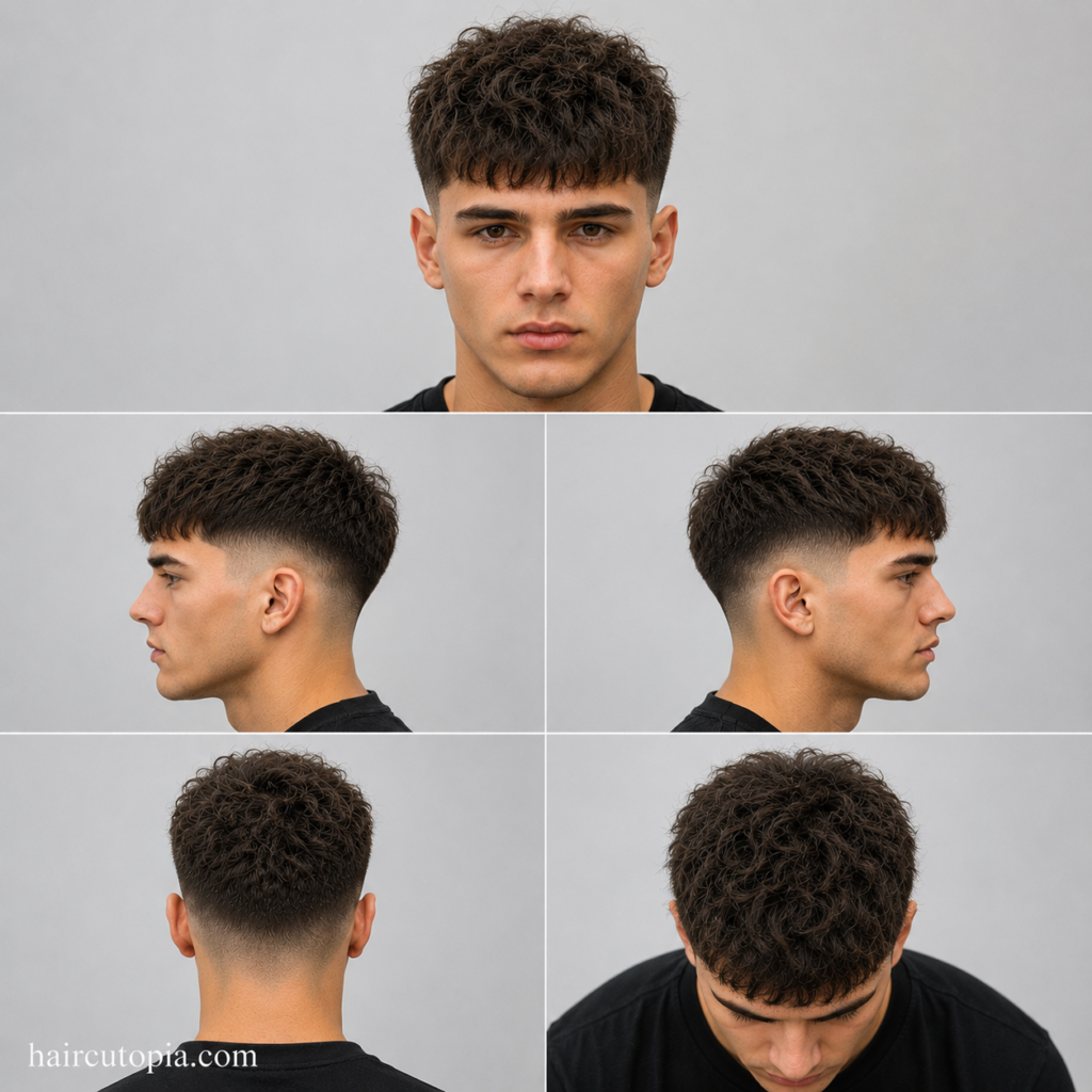 Five-panel collage showing a Caesar cut haircut for frizzy hair from the front, left side, right side, back, and bird's-eye top view.