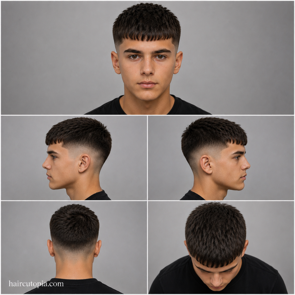 Five-view collage of a Caesar cut haircut for teen boys showing front, left side, right side, back, and top views with textured fringe and faded sides