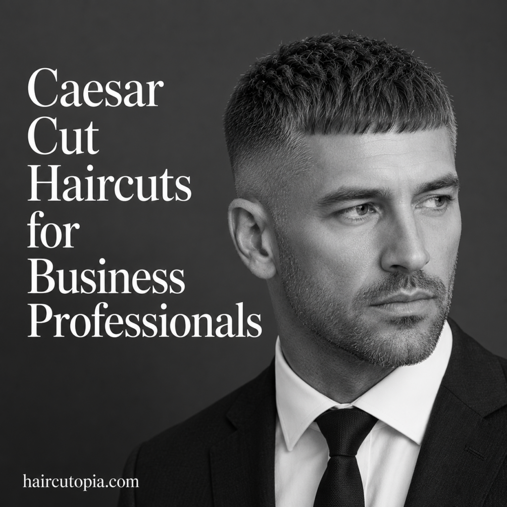Business professional with a modern Caesar cut haircut wearing a suit in a black and white editorial portrait