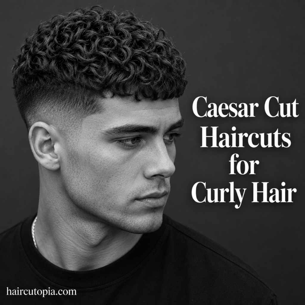 Man with a modern Caesar cut for curly hair featuring defined curls, textured fringe, and faded sides in a black and white editorial portrait.