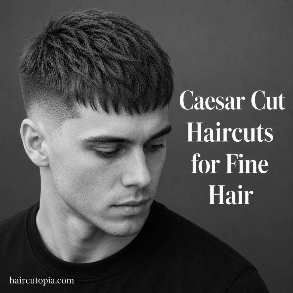 Man with a modern Caesar cut for fine hair featuring textured layers, a soft fringe, and faded sides in a black and white editorial portrait.