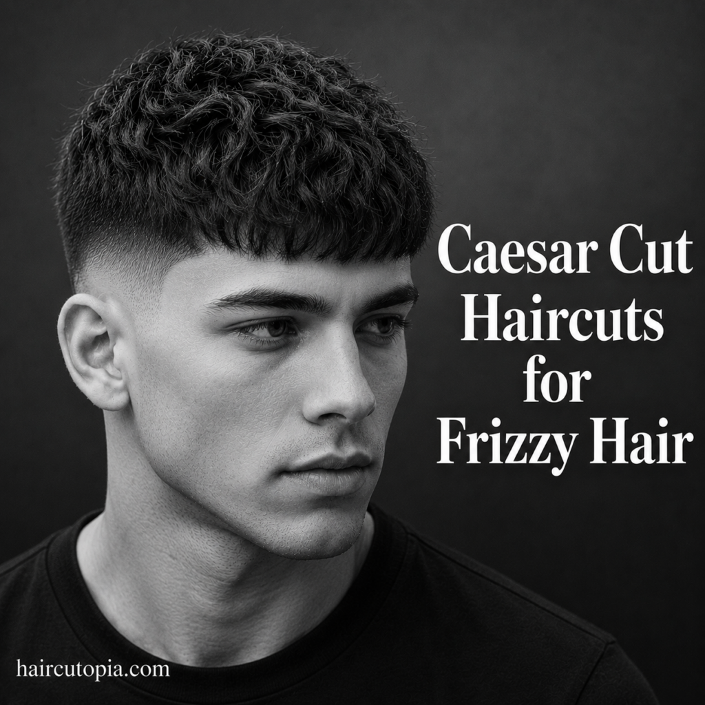 Man with a modern Caesar cut for frizzy hair featuring textured volume, a defined fringe, and faded sides in a black and white editorial portrait.