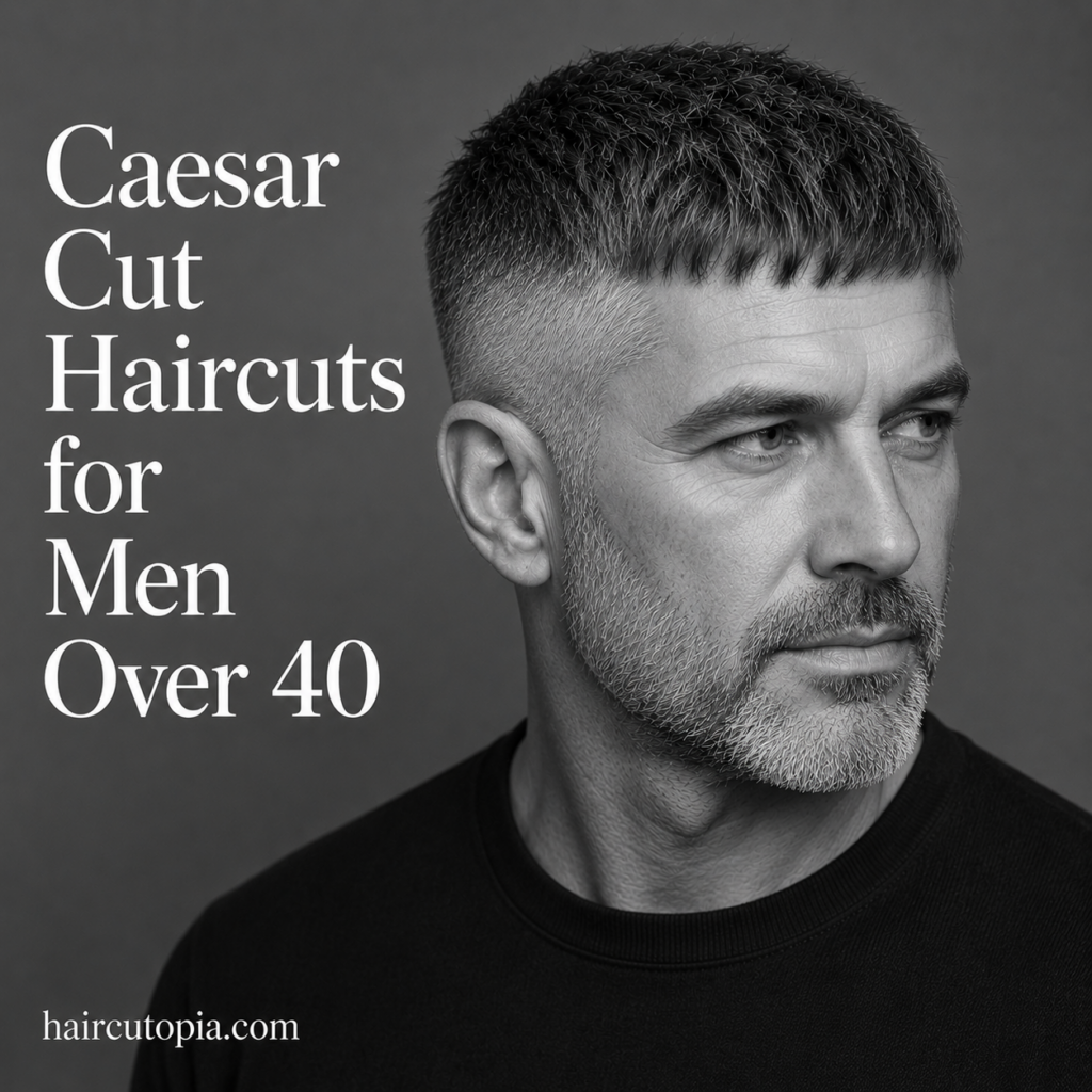 Man over 40 with a modern Caesar cut haircut featuring textured hair, a short fringe, and clean tapered sides in a black and white portrait